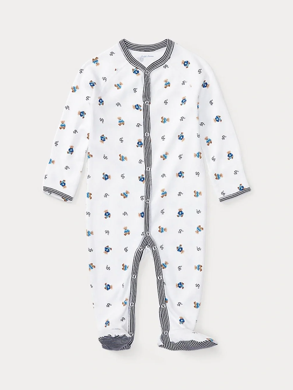 Ralph Lauren Cream Footie One-Piece with Navy Trim and Blue Print